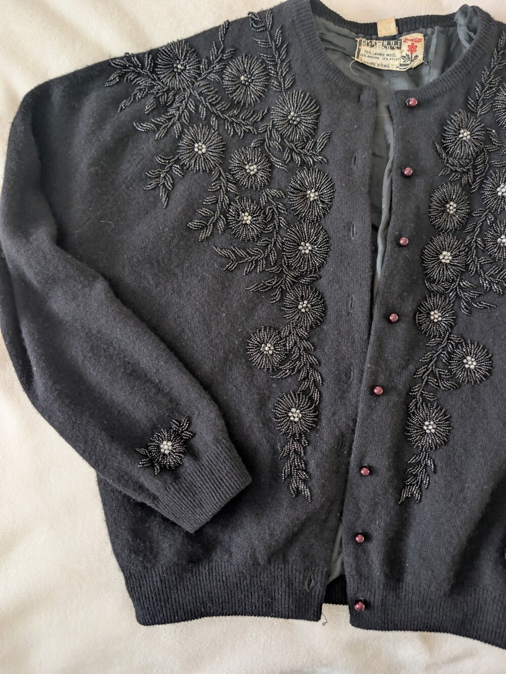 Vintage Wool Black Beaded Floral Embroidered Cardigan - Picture 2 of 8